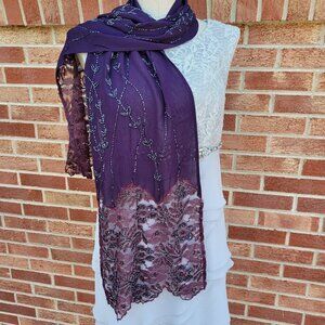 Chico's Wrap Scarf Elegant Beading and Lace Purple and Black